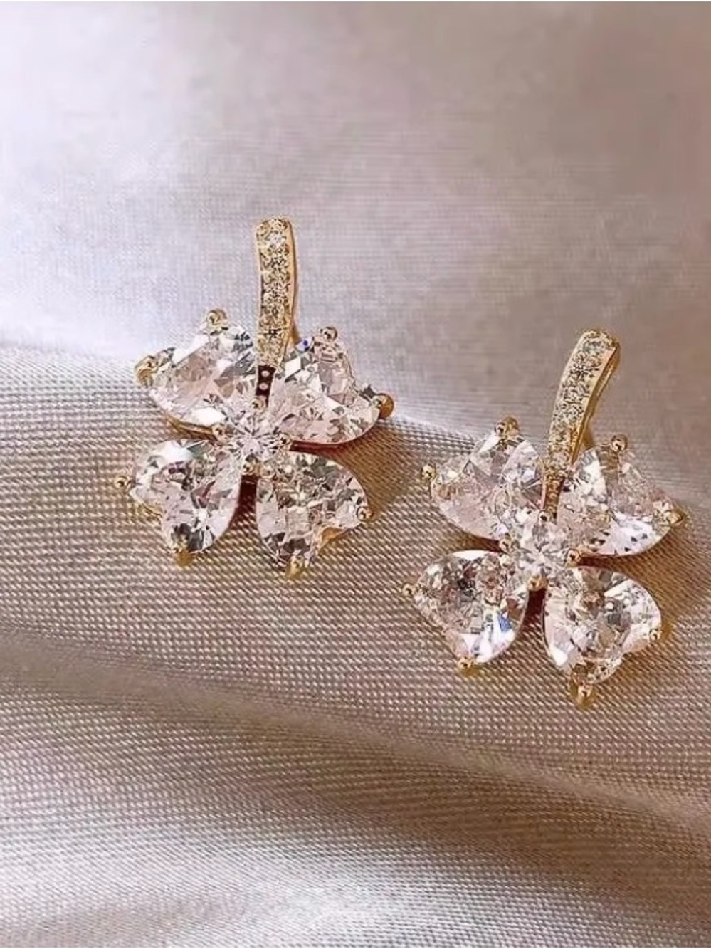 Gold Floral Cubic Zirconia Drop Earrings -Clear Crystal 925 sterling silver gold